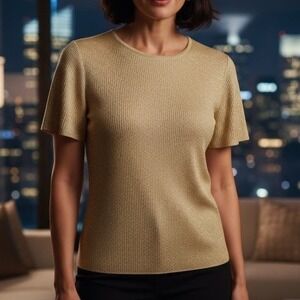 St. John Small $395 Gold Metallic Short‎ Sleeve Santana Crew Neck Knit Sweater